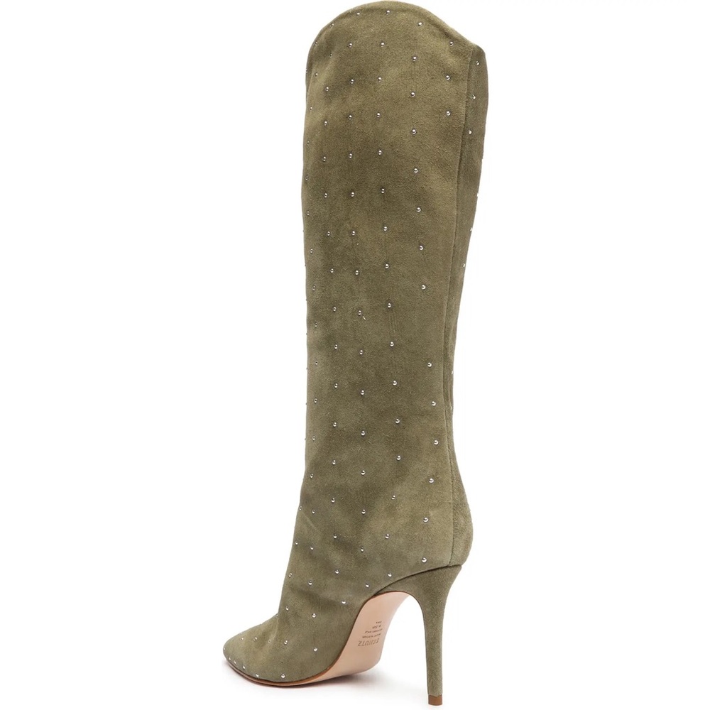 Schutz Olive Green Genuine Leather Embellished Studded Knee High Boots - Picture 2 of 9